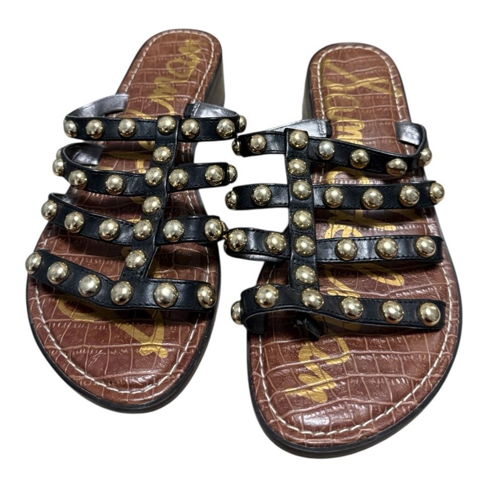 Sam Edelman Black Leather Studded Slide Sandals with Gold Studs